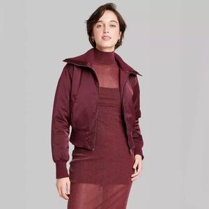 Women's Wild Fable NWT Crop Bomber Jacket Burgundy Small Satin Knit Funnel Neck